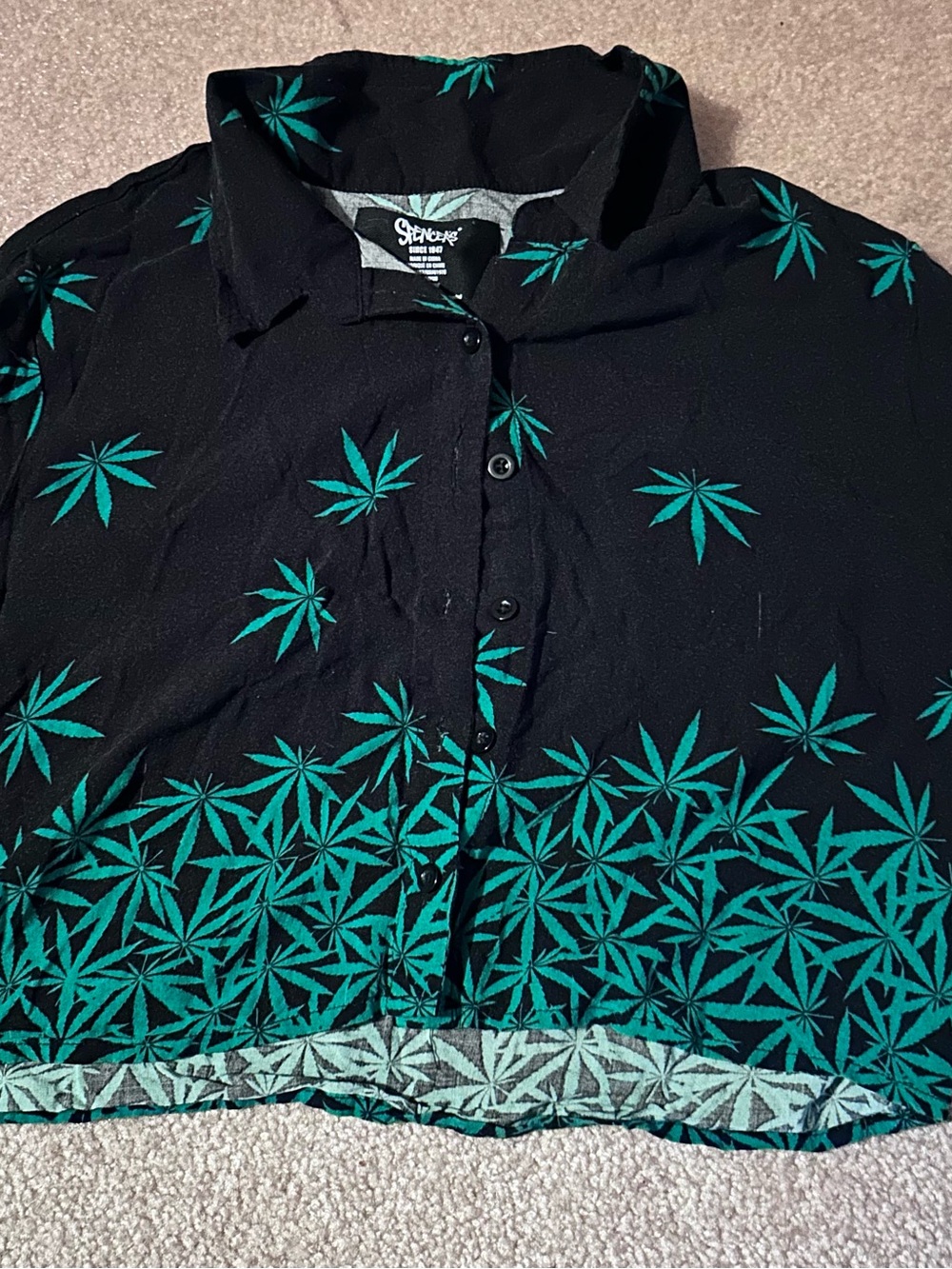 Spencer's Black Button-Down Cropped Shirt with Teal Leaf Print